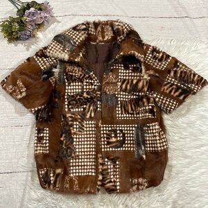 Tuleh Brown Patterned Chinchilla Real Fur Short Sleeve Jacket